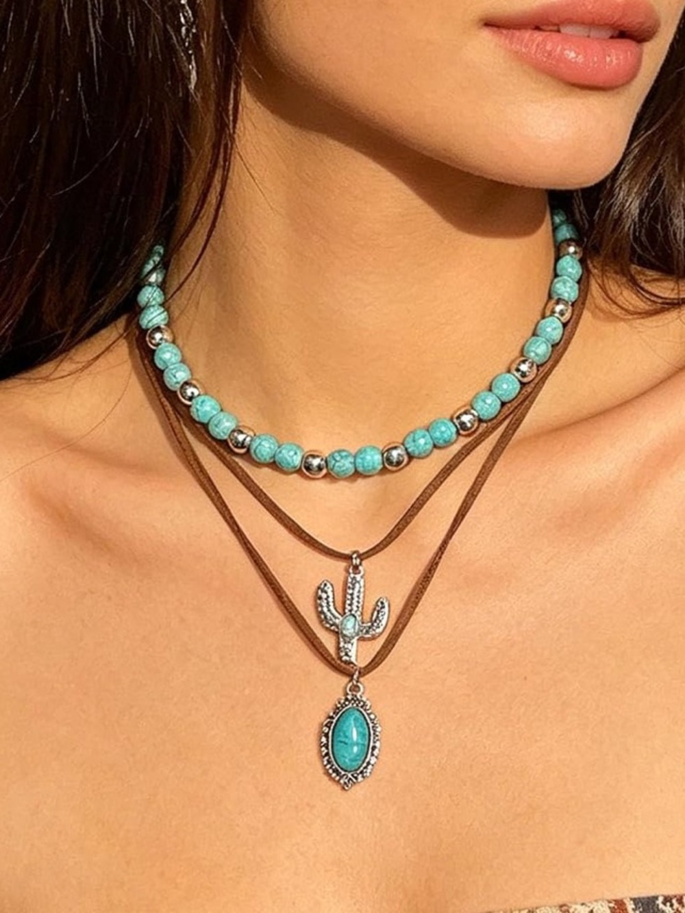 Anthropologie Turquoise Beaded Layered Necklace Set with Brown Cords